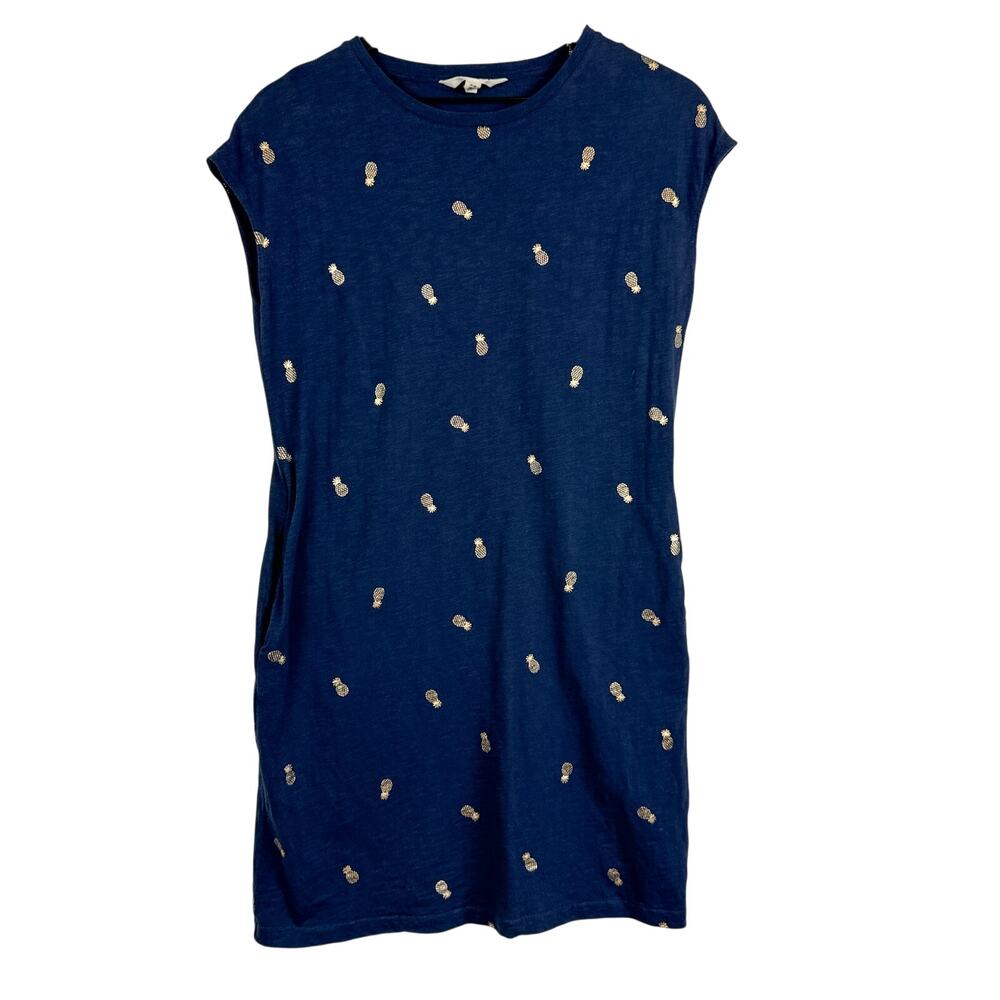 Boden Womens Leah Jersey TShirt Mini Dress W Pockets Gold Pineapples Blue - 4 4R
